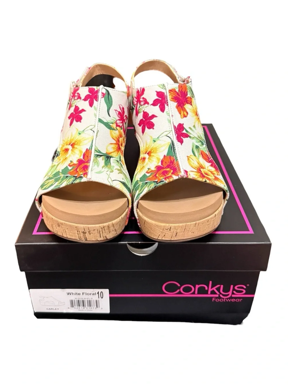 Corkys Carley White Floral Cork Wedge Sandals Size 10 NIB